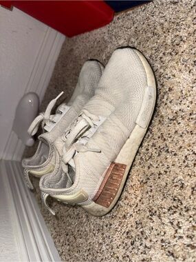Well worn adidas Women's Off-White Knit Running Sneakers with Rose Gold Accent